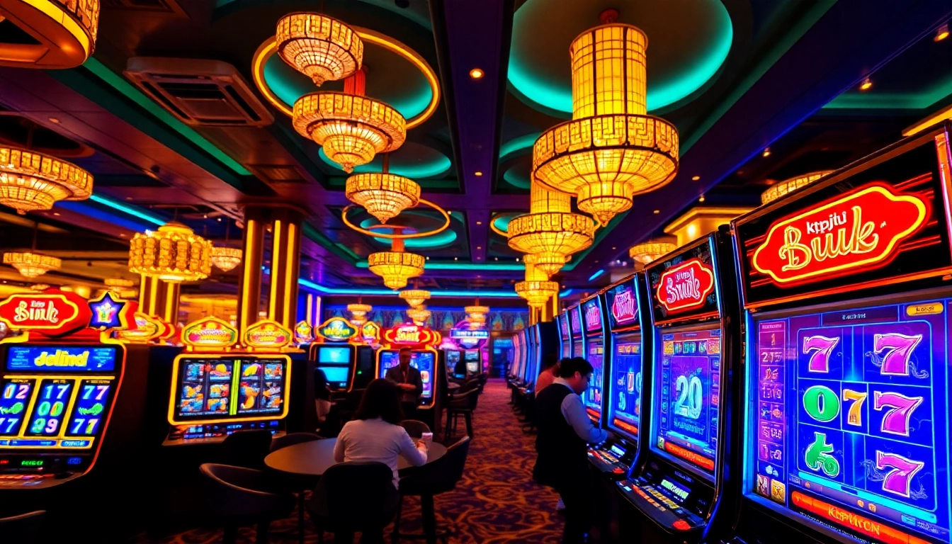 Experience the thrill at KtPJiTu with vibrant slot machines and enthusiastic players winning big.