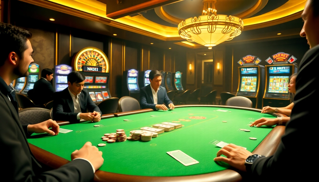 Experience thrilling gameplay at NK88 with an upscale poker table and vibrant slot machines.