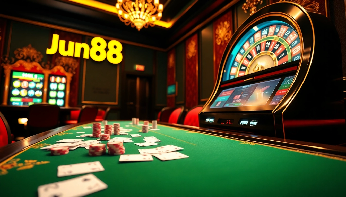 Experience the thrilling action of Jun88 with vibrant casino tables and winning slot machines.