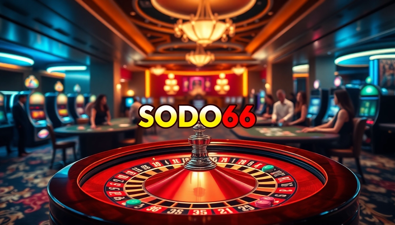 SODO66 showcases a thrilling casino atmosphere with players at roulette and gaming tables.