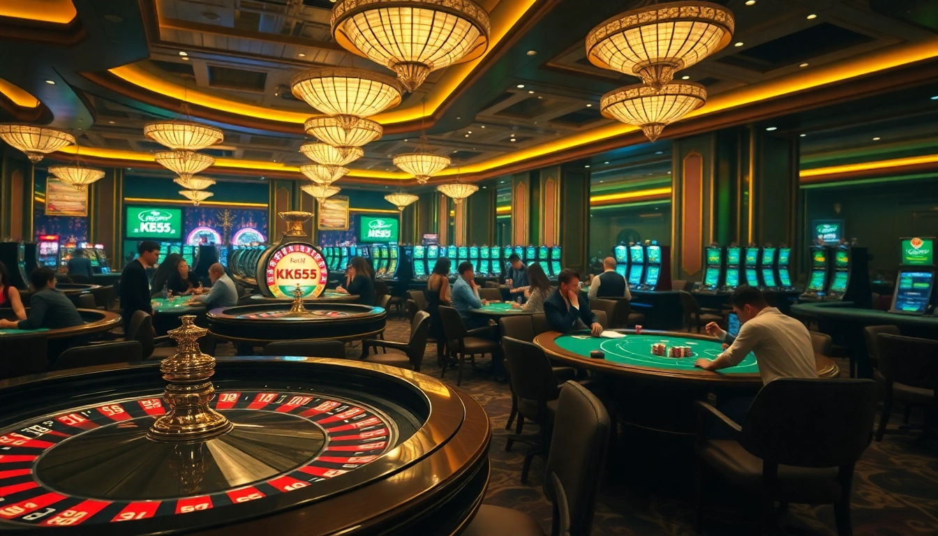 Experience the thrilling atmosphere of KK55 with players celebrating wins at casino games.