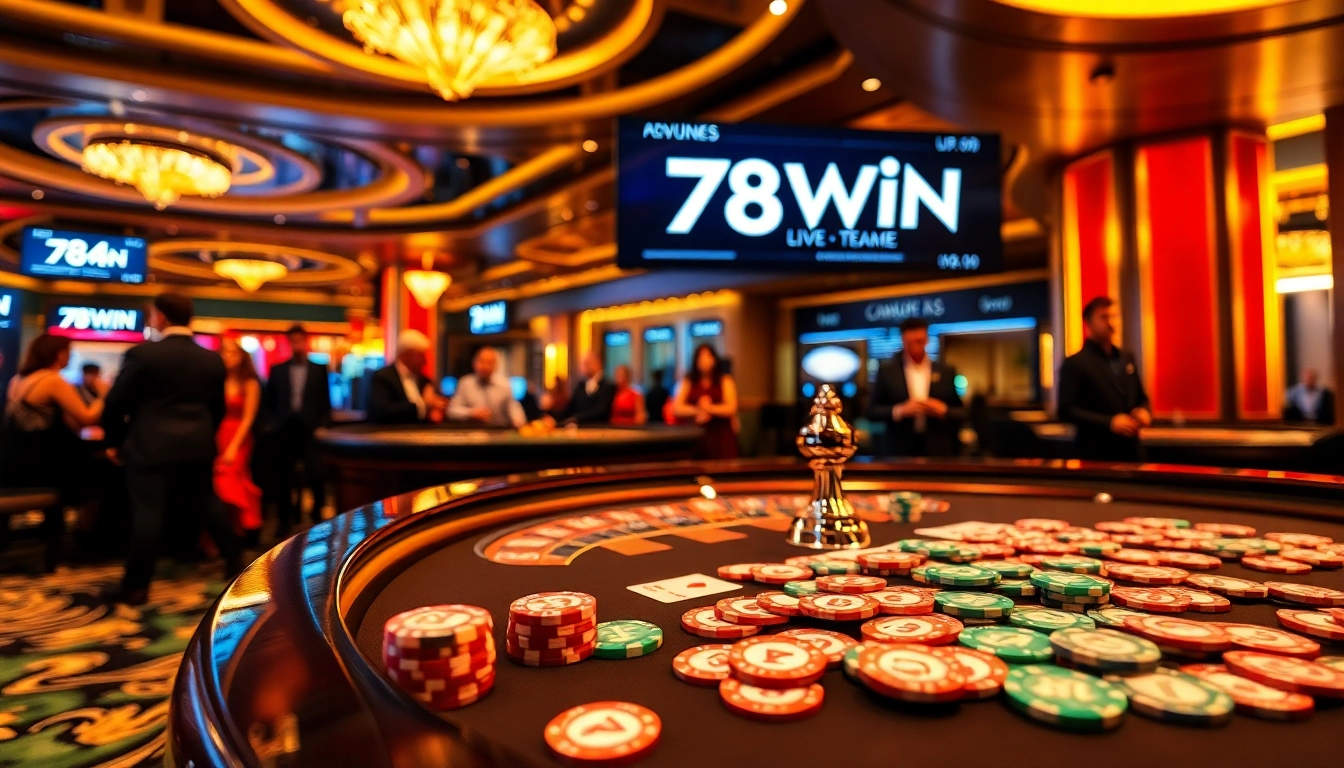 Experience thrilling gameplay at 78WIN with vibrant casino tables filled with poker chips and cards.