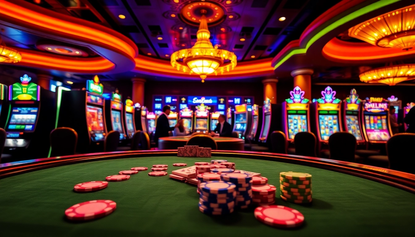 SODO casino scene with an exciting poker table, vibrant chips, and luxurious atmosphere.