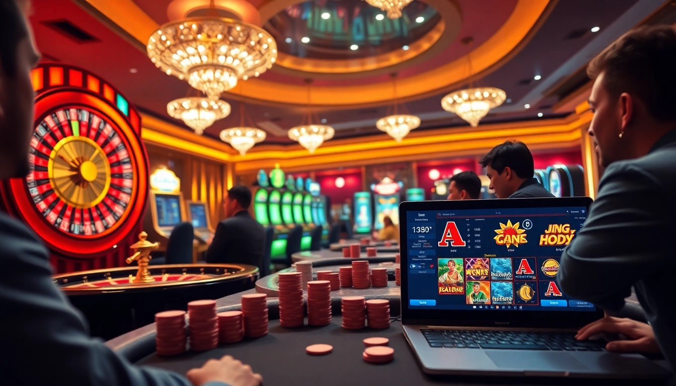 Exciting casino scene highlighting IDN slot games and players engaged at poker tables.