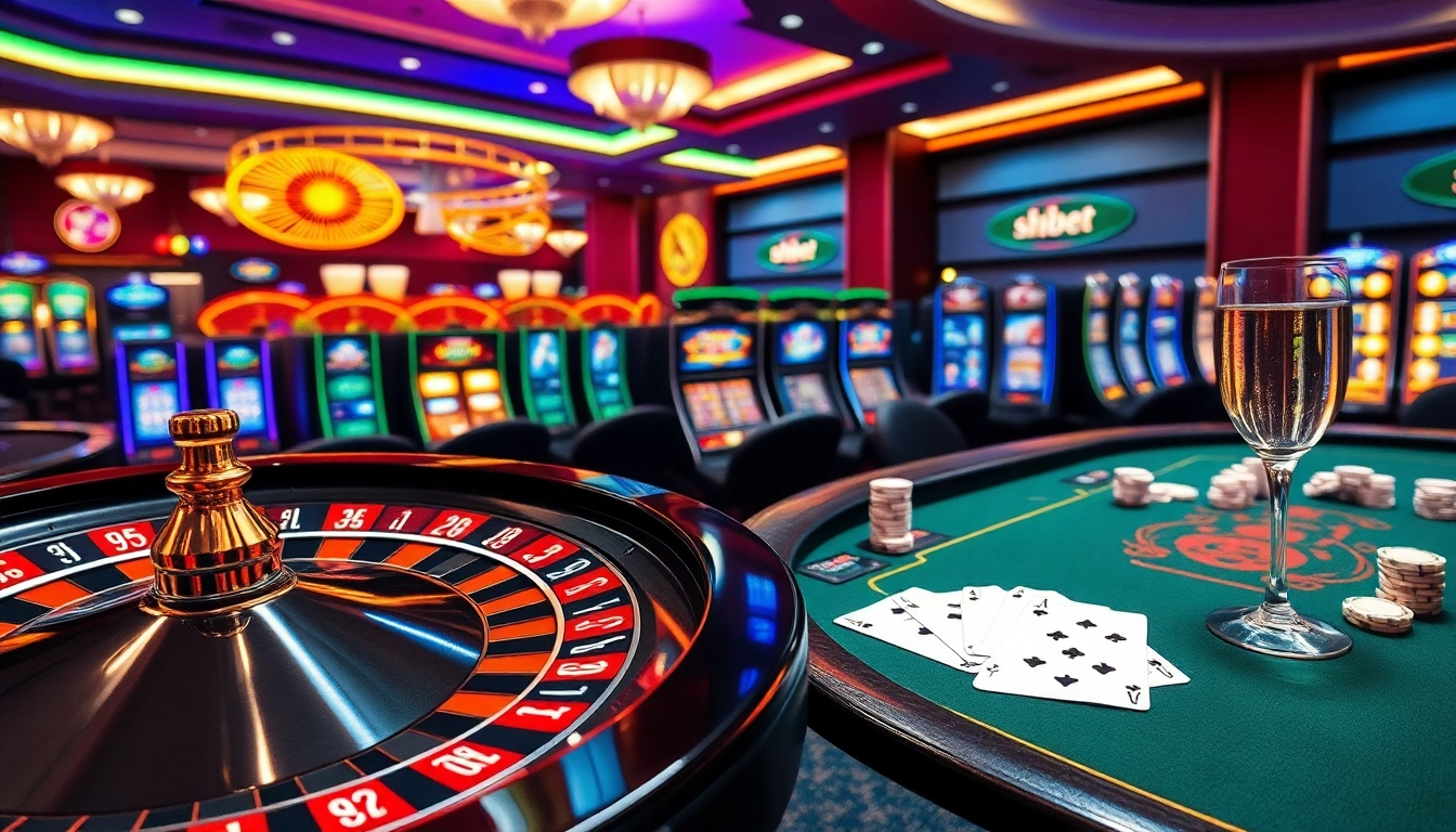 Experience the thrill of shbet gaming at a luxurious casino featuring roulette and poker tables.