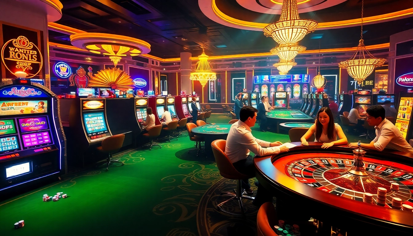 Exciting gaming atmosphere at https://78wintl.org/ showcasing slot machines and poker tables.