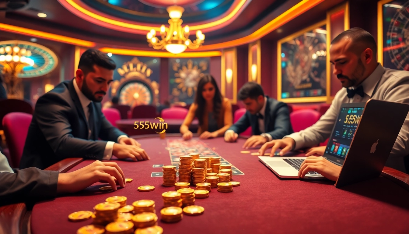 Players enjoying poker at a luxurious 555win casino table with vibrant chips and cards.