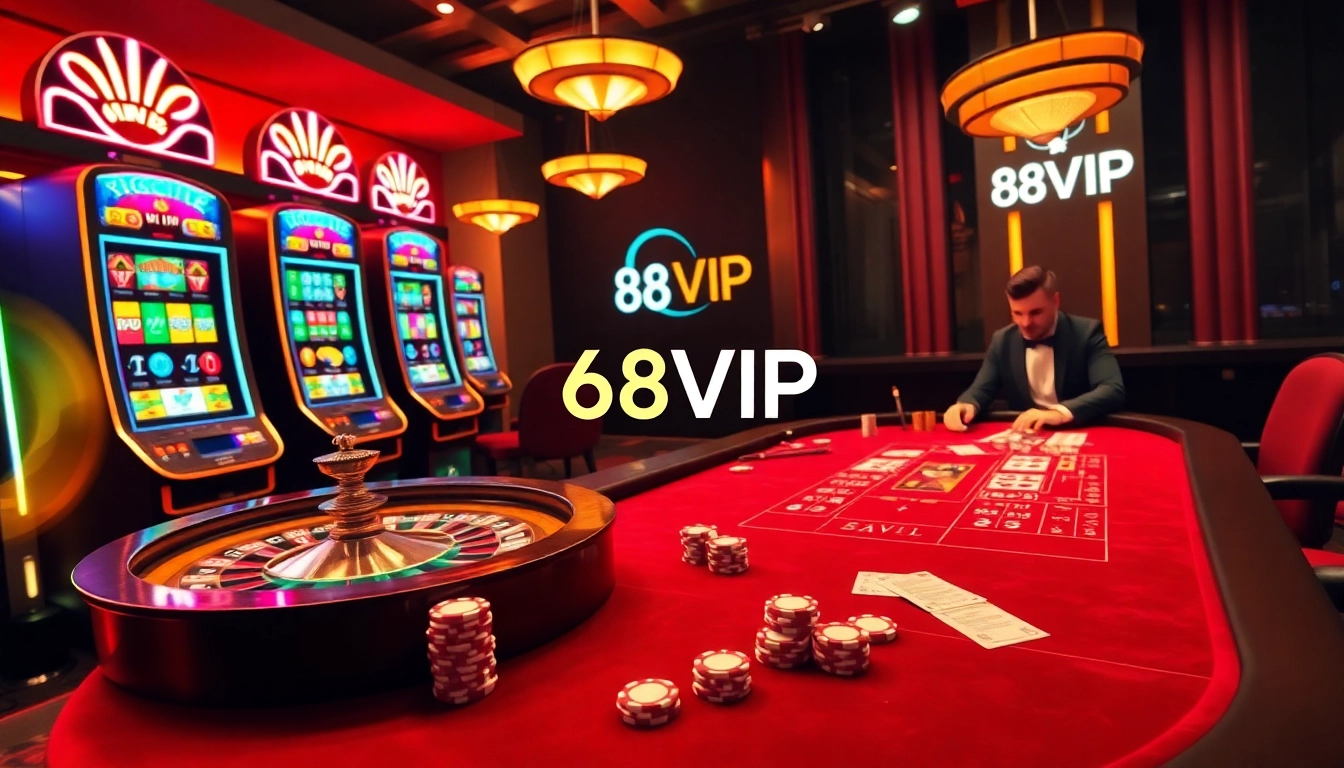 Exciting online casino experience showcasing 68VIP logo with vibrant slot machines and roulette wheel.