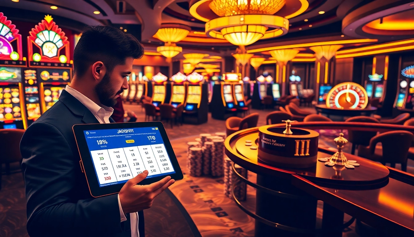 Professional gambler analyzing RTP and spinning game nổ hũ slots with vibrant reels and jackpots
