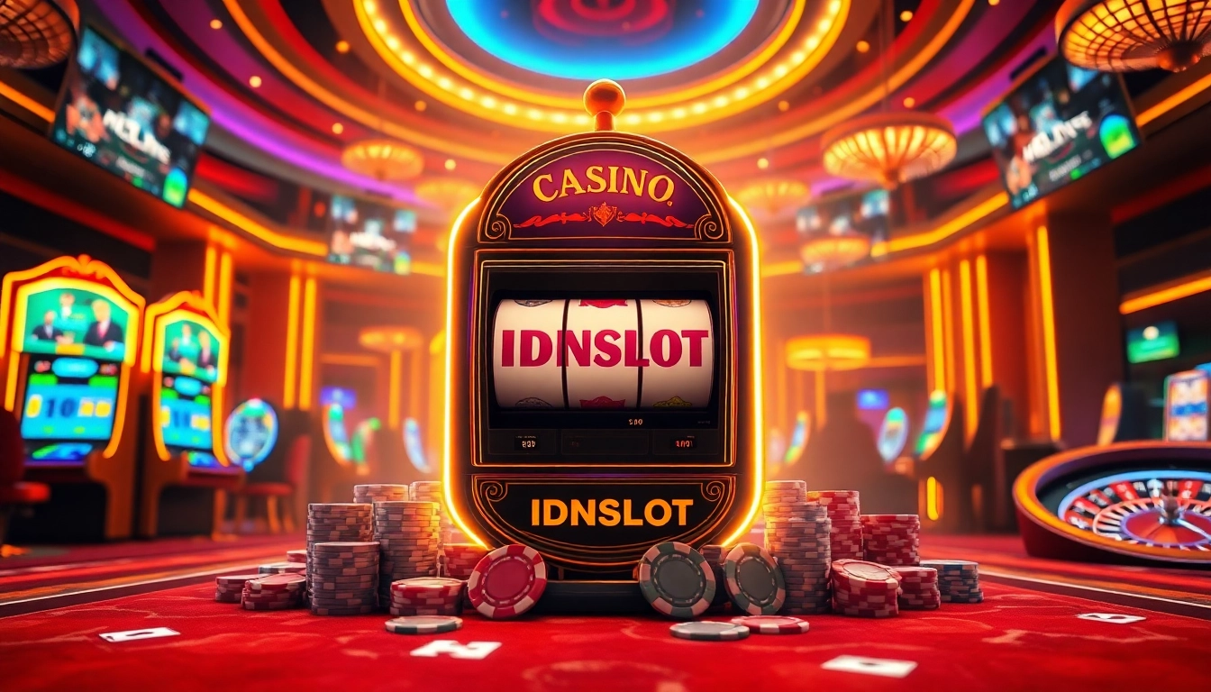 IDNSLOT logo on a luxurious slot machine amidst colorful gambling chips and casino elements.