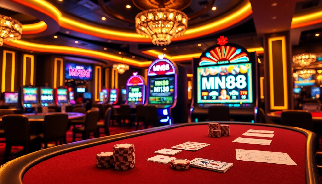 Exciting casino environment featuring MN88 on a vibrant slot machine and poker table.
