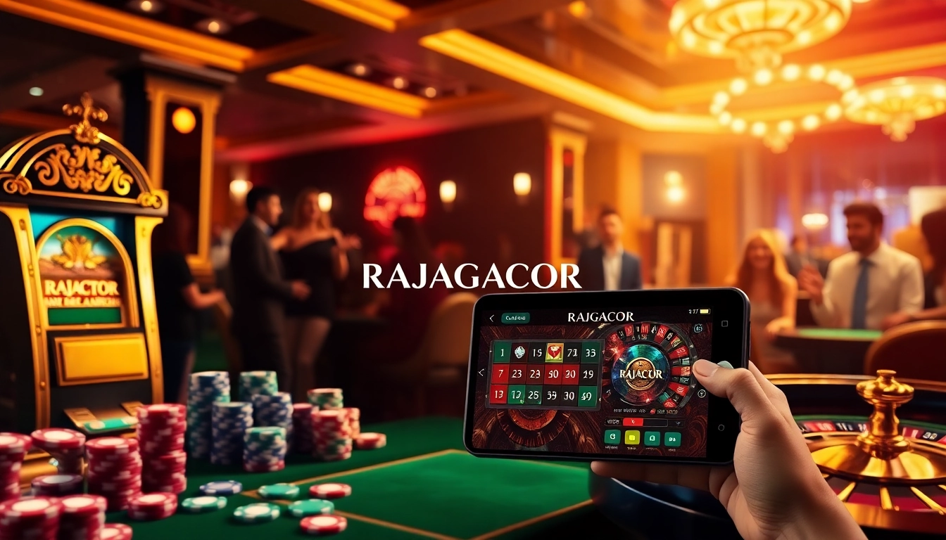 Engaging players experience RAJAGACOR slot excitement at a luxurious casino, highlighting jackpot thrills.