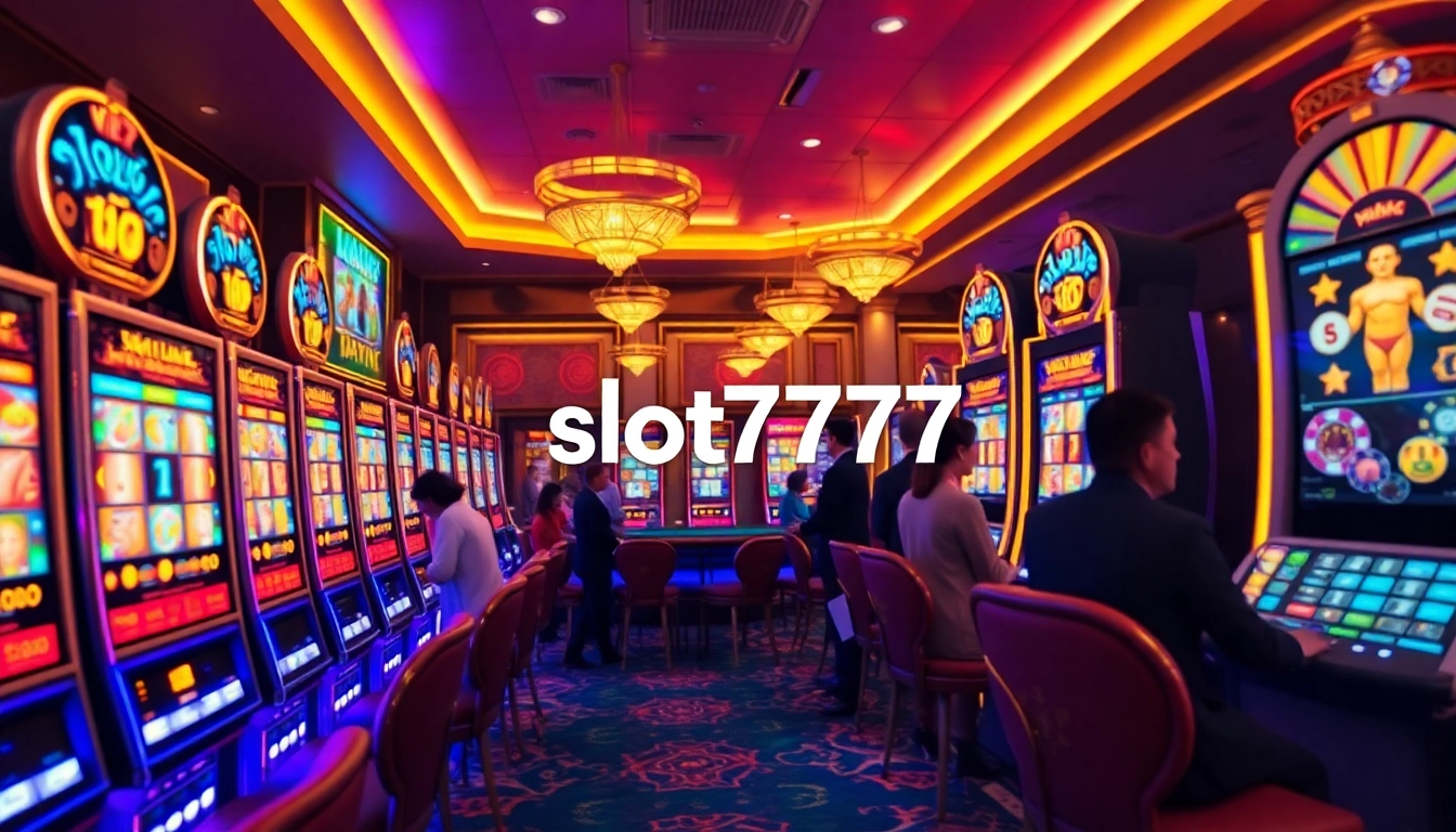Engaged gamblers enjoying slot777 machines with vibrant displays and lively atmosphere.
