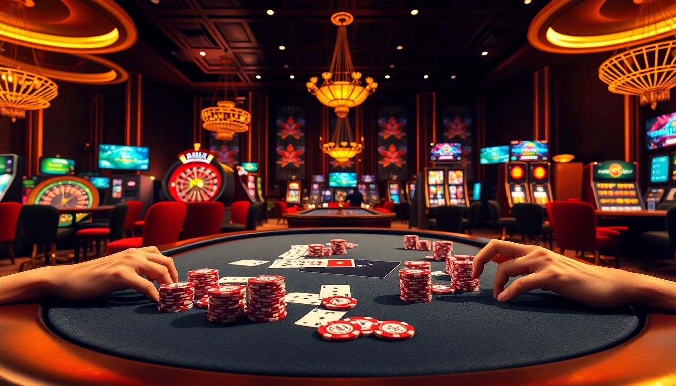 High-stakes gaming at https://mk8th.net/ featuring poker with vibrant chips, cards, and a roulette wheel.