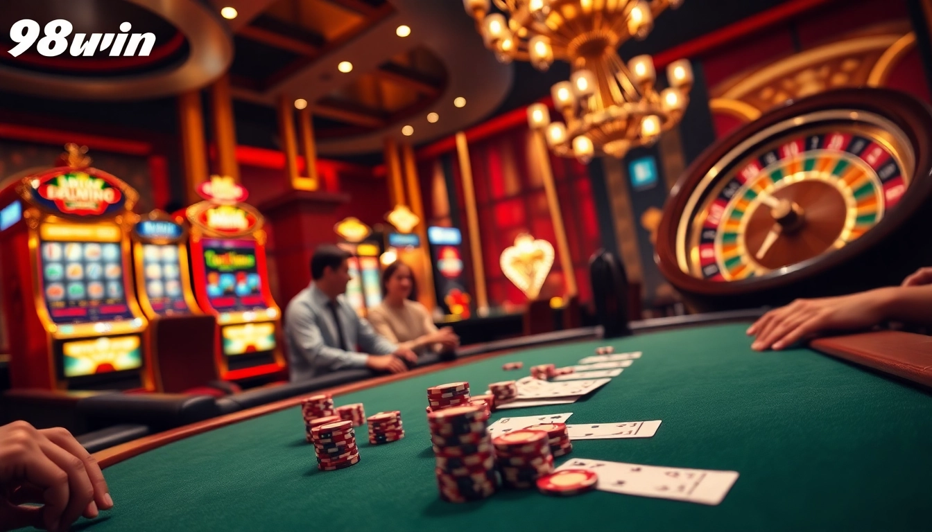 Experience a thrilling poker game at 98win's luxurious casino with vibrant slot machines.