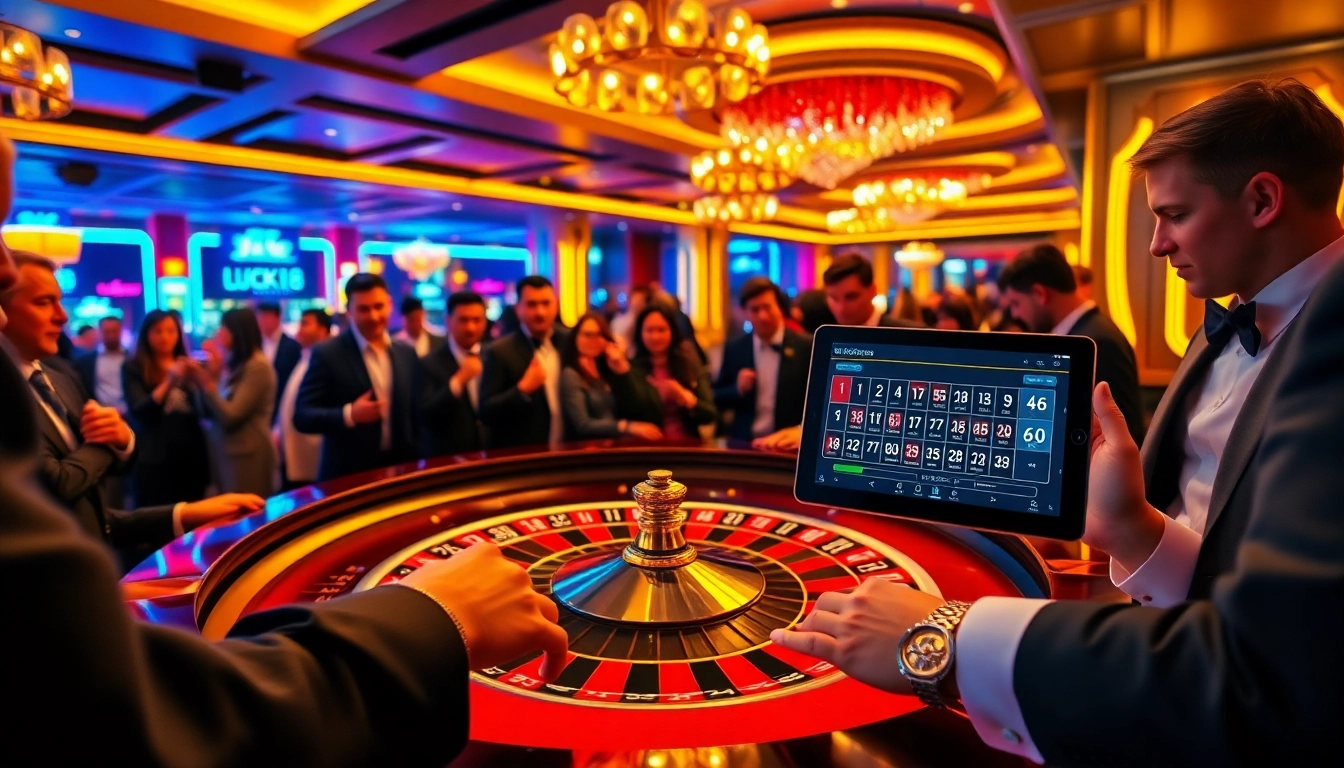LUCK8 players engaged in intense betting at a luxurious roulette table.