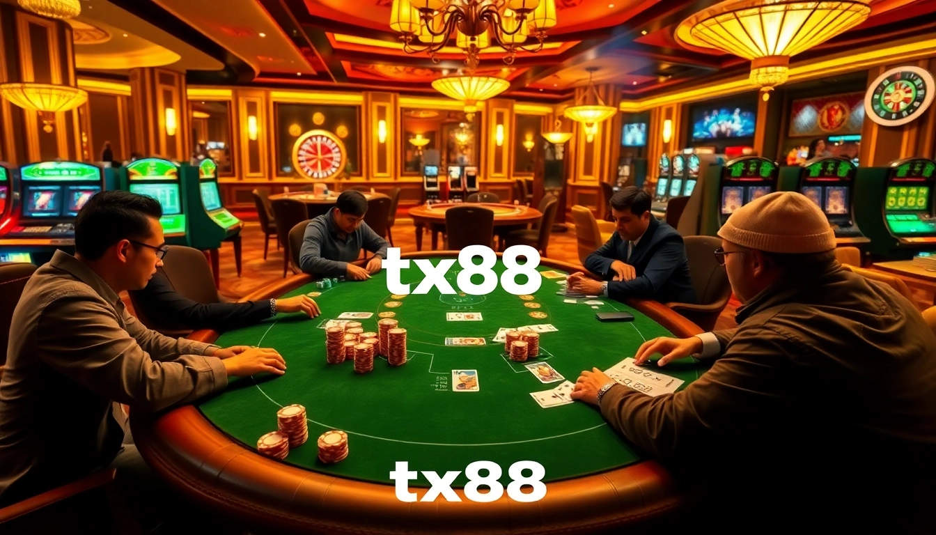 Engaged players strategizing at a high-stakes poker table featuring tx88 chips and cards.