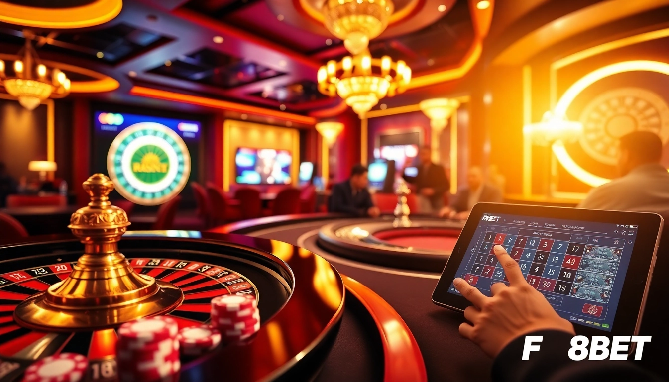 F8BET players enjoying a vibrant and luxurious casino experience with roulette wheels and poker chips.