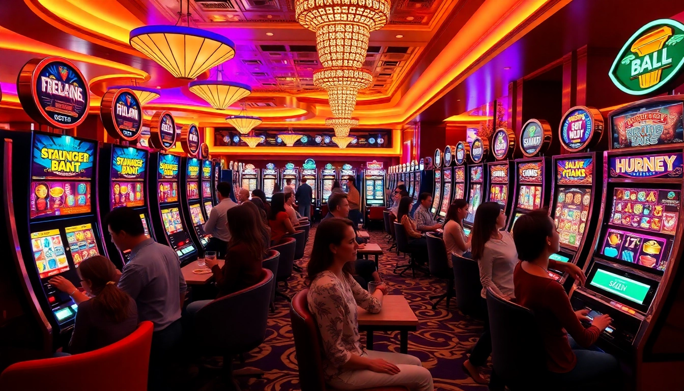 Engaging gamblers at a luxurious slot machine area in a vibrant casino atmosphere.