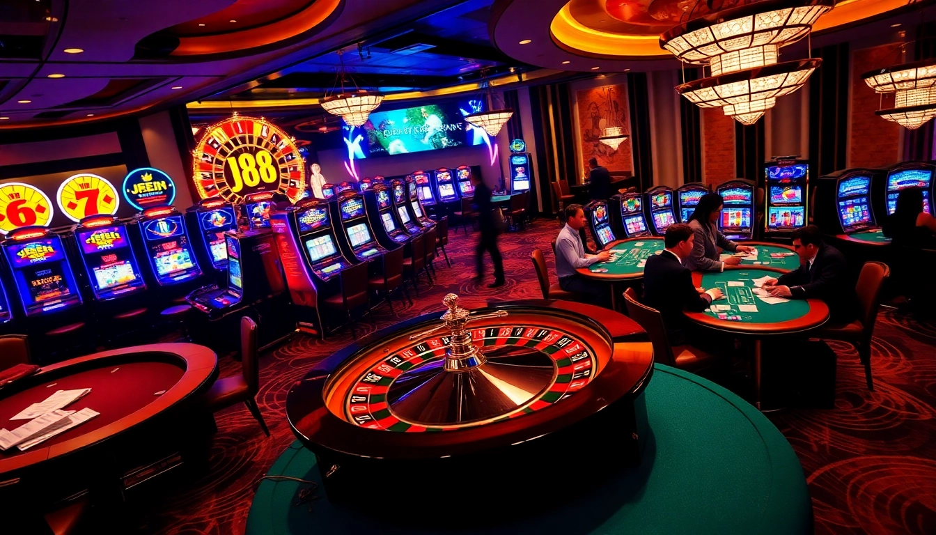 Engaging scene of j88 casino with roulette, dealers, and vibrant slot machines.
