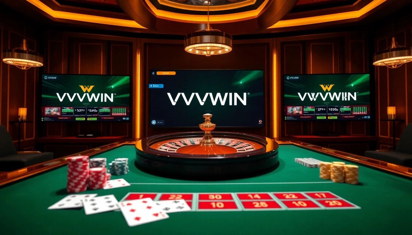 Experience thrilling gaming at VVVWIN with an inviting casino scene filled with poker chips and roulette wheels.