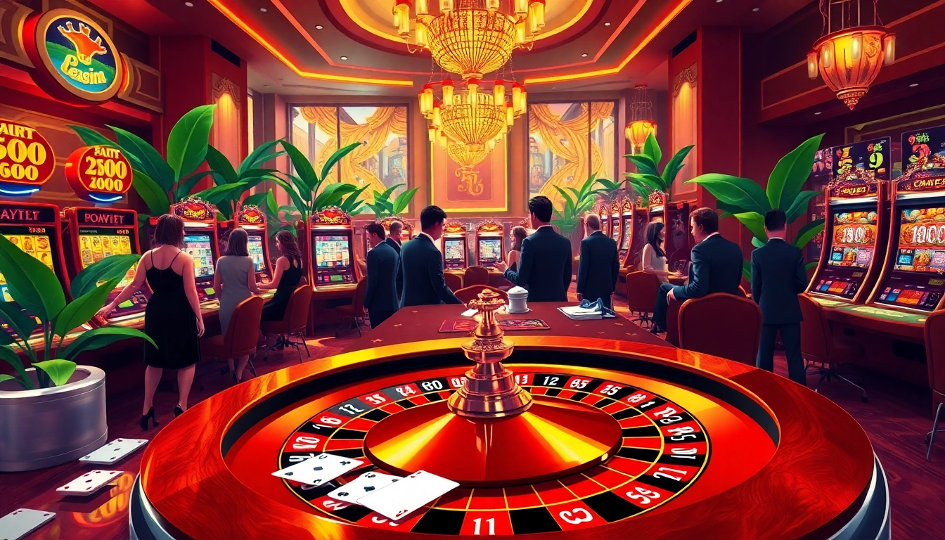 Nohu-inspired casino players excitement at roulette table with vibrant decor.