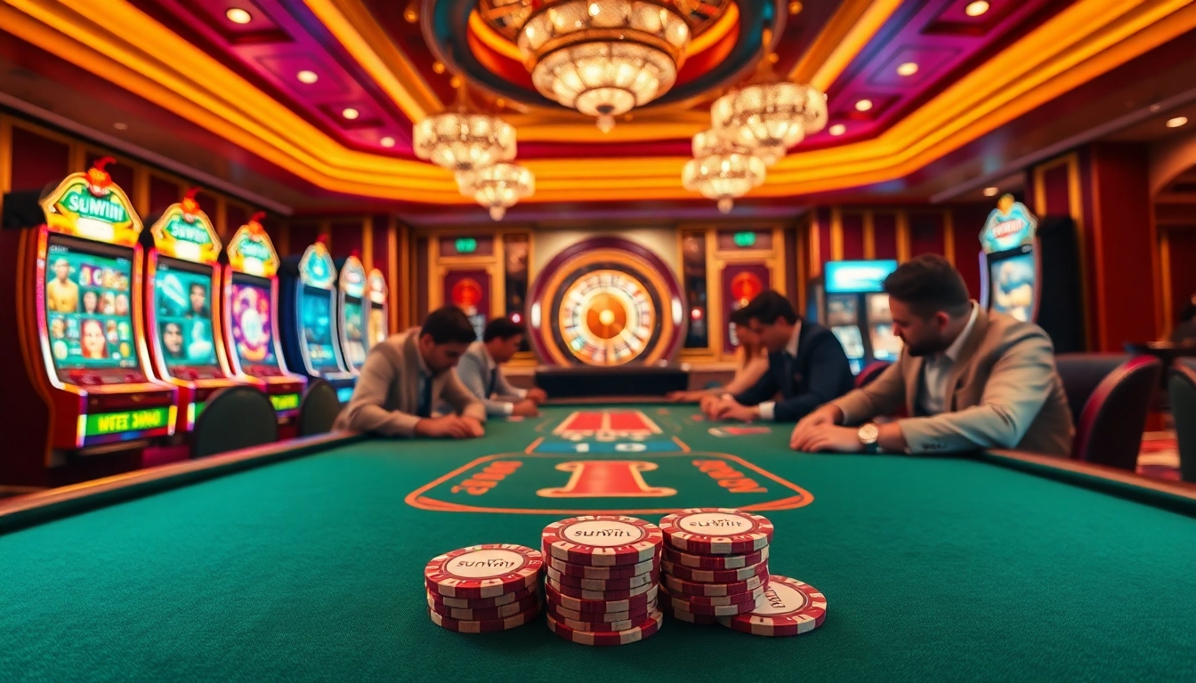 Experience the thrill of casino gaming at sunwin with vibrant poker tables and slot machines.