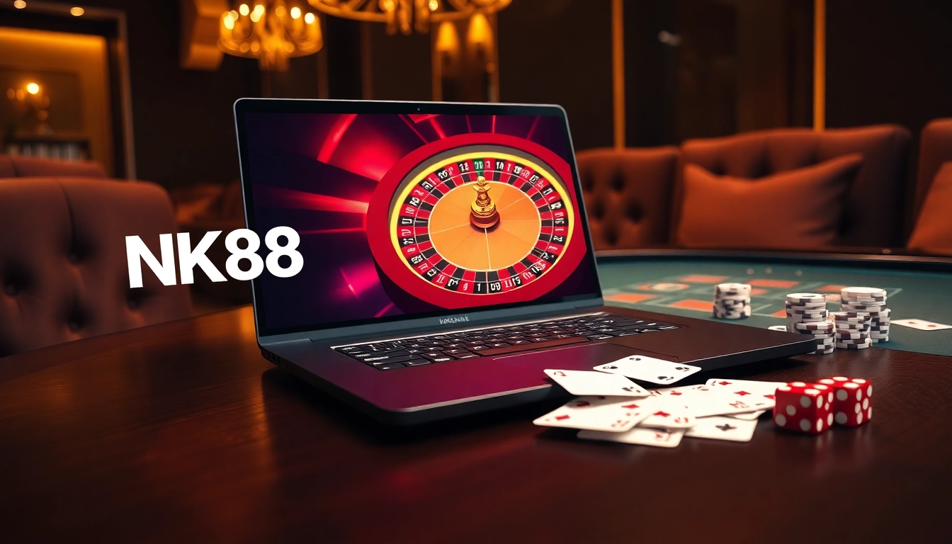 Engaging gamblers at NK88 with a stylish casino table filled with poker chips and cards.