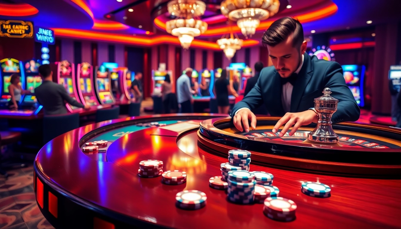 J88 casino scene with players enjoying roulette, slot machines, and poker excitement.