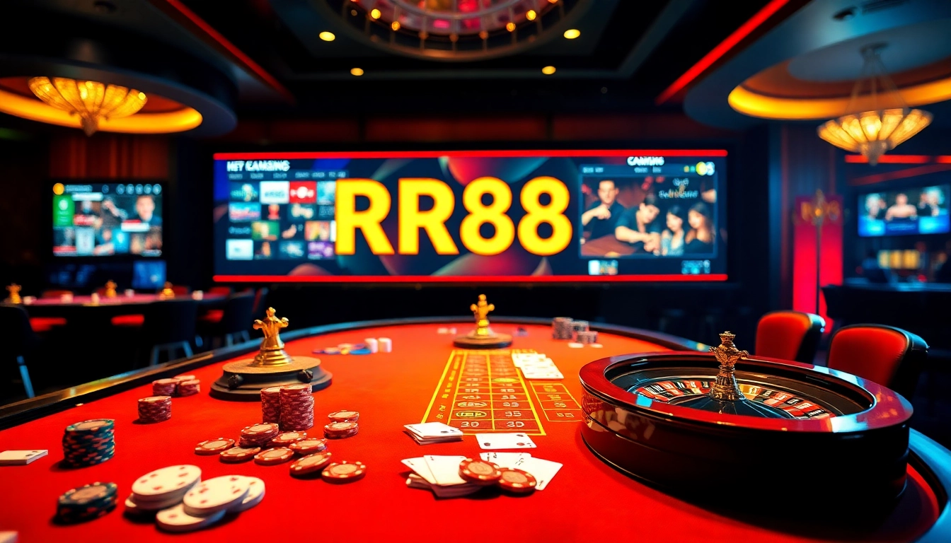 Experience betting excitement with RR88 at a luxurious casino table filled with chips and cards.
