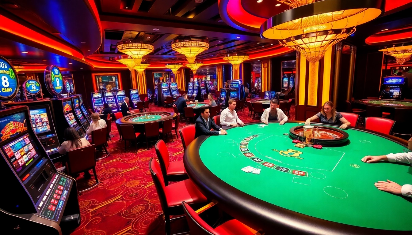 Players enjoying high-stakes gaming at the vibrant s8 club casino section, surrounded by slot machines and roulette wheels.