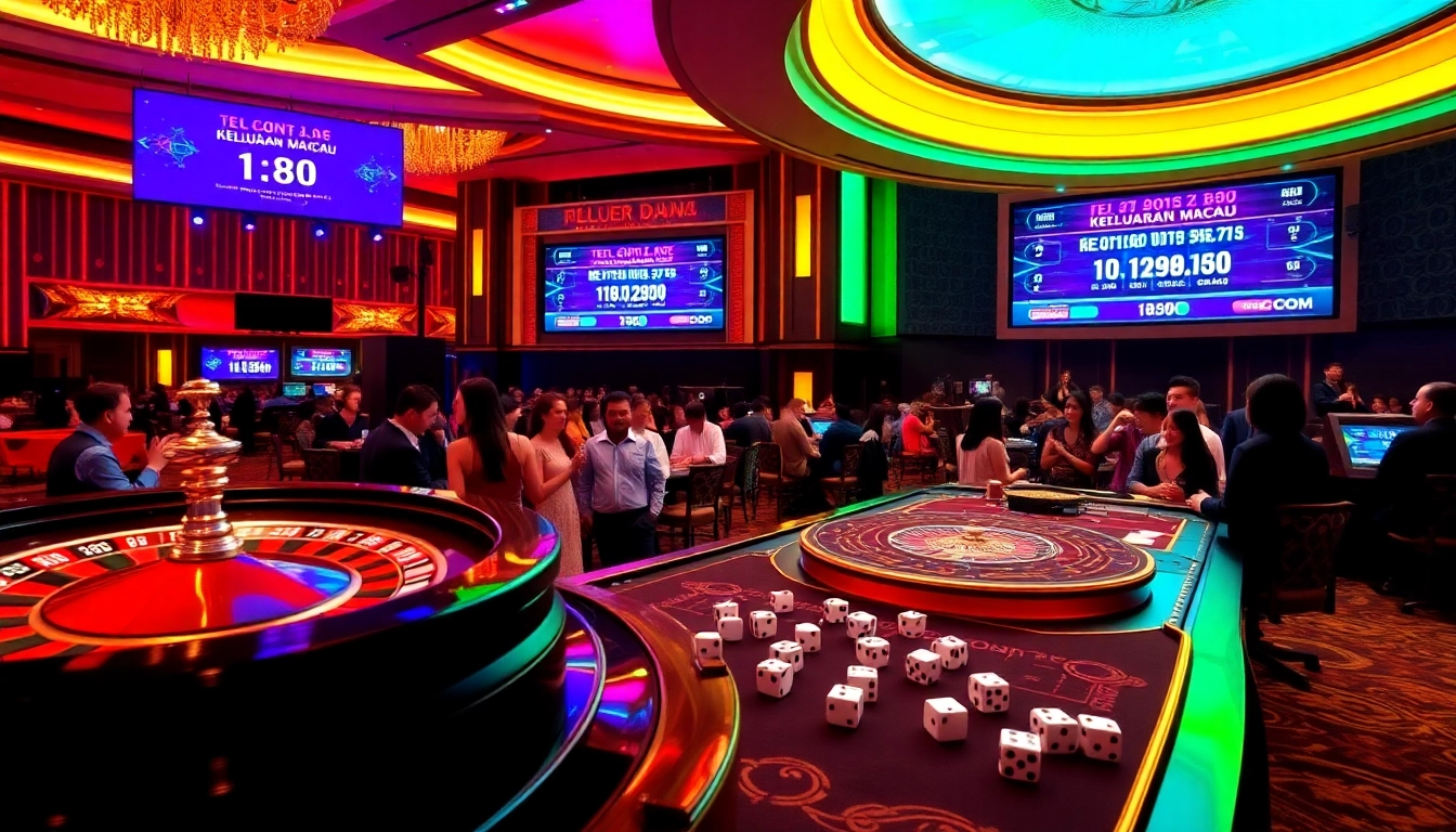 Keluaran Macau results displayed on screens during a thrilling live draw event in a luxury casino.