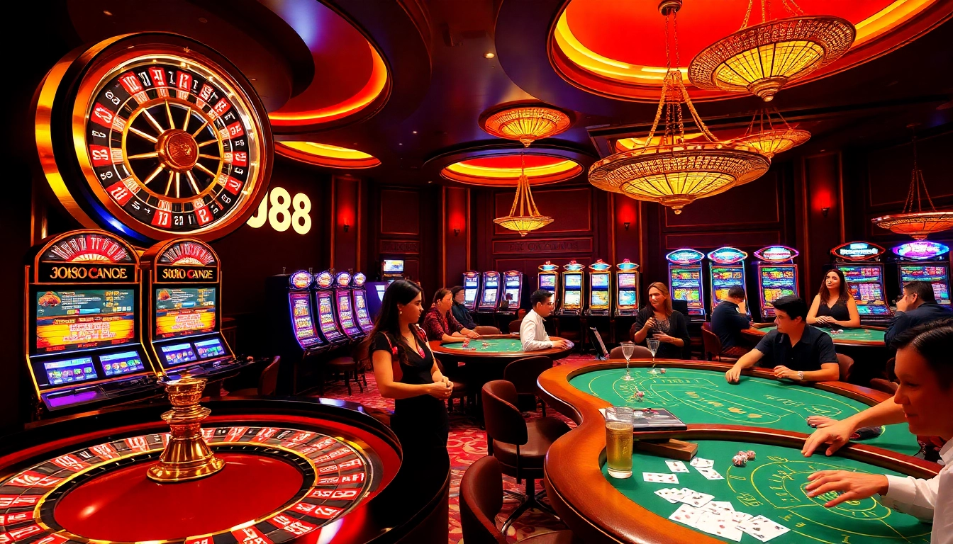 Experience the thrilling j88 casino scene with vibrant slot machines and excited players at poker tables.