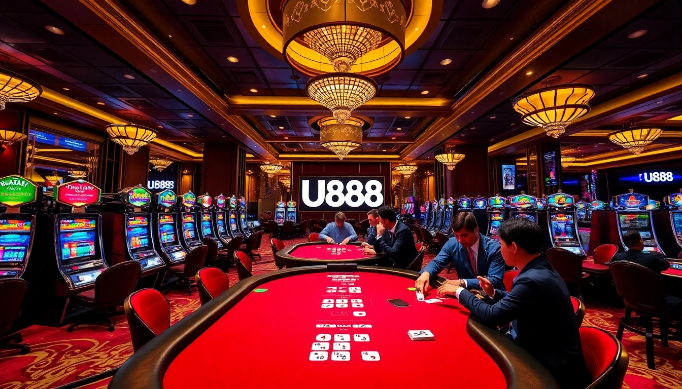 Experience the excitement of U888's luxurious casino with vibrant poker tables and thrilling slot machines.