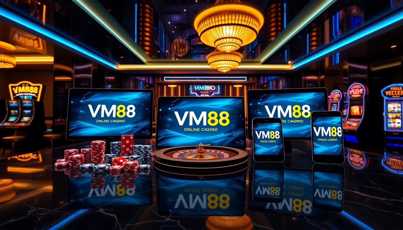 Engaging VM88 online casino interface displaying dynamic betting actions on poker chips and roulette wheel