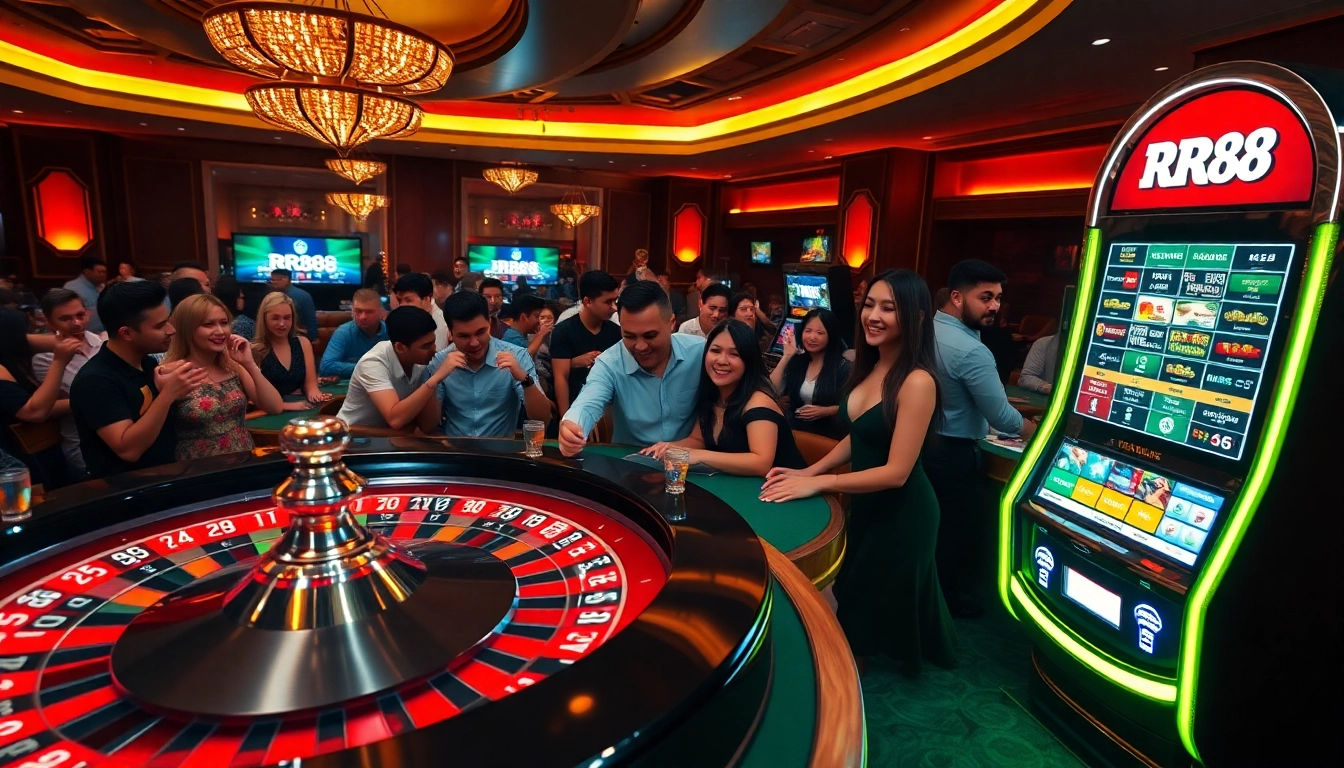 Players enjoying a thrilling experience at RR88 casino tables with vibrant games and luxury ambiance.
