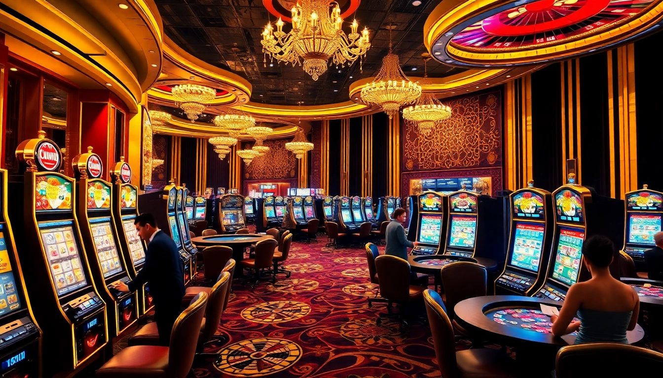 L567 casino scene featuring players engaging at slot machines and poker tables in a vibrant atmosphere.
