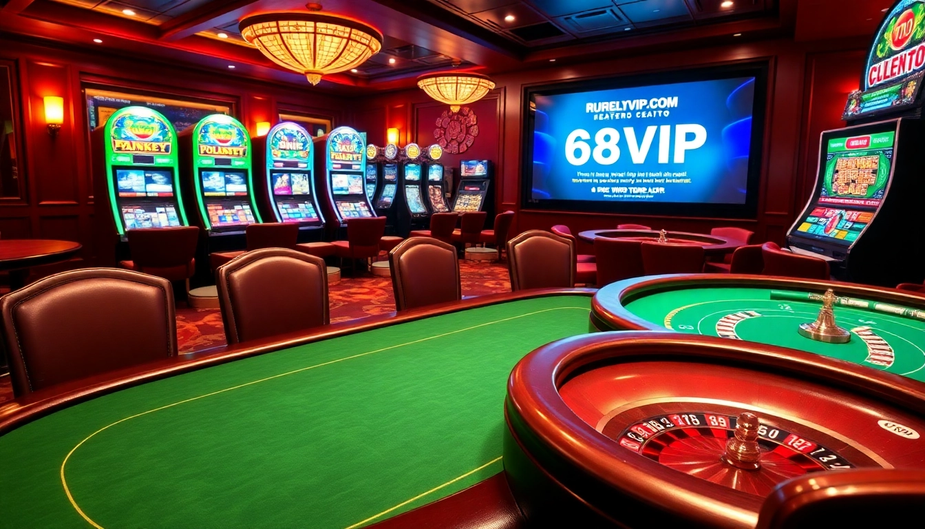 Place bets at 68VIP.COM's vibrant casino scene featuring poker tables and slot machines.