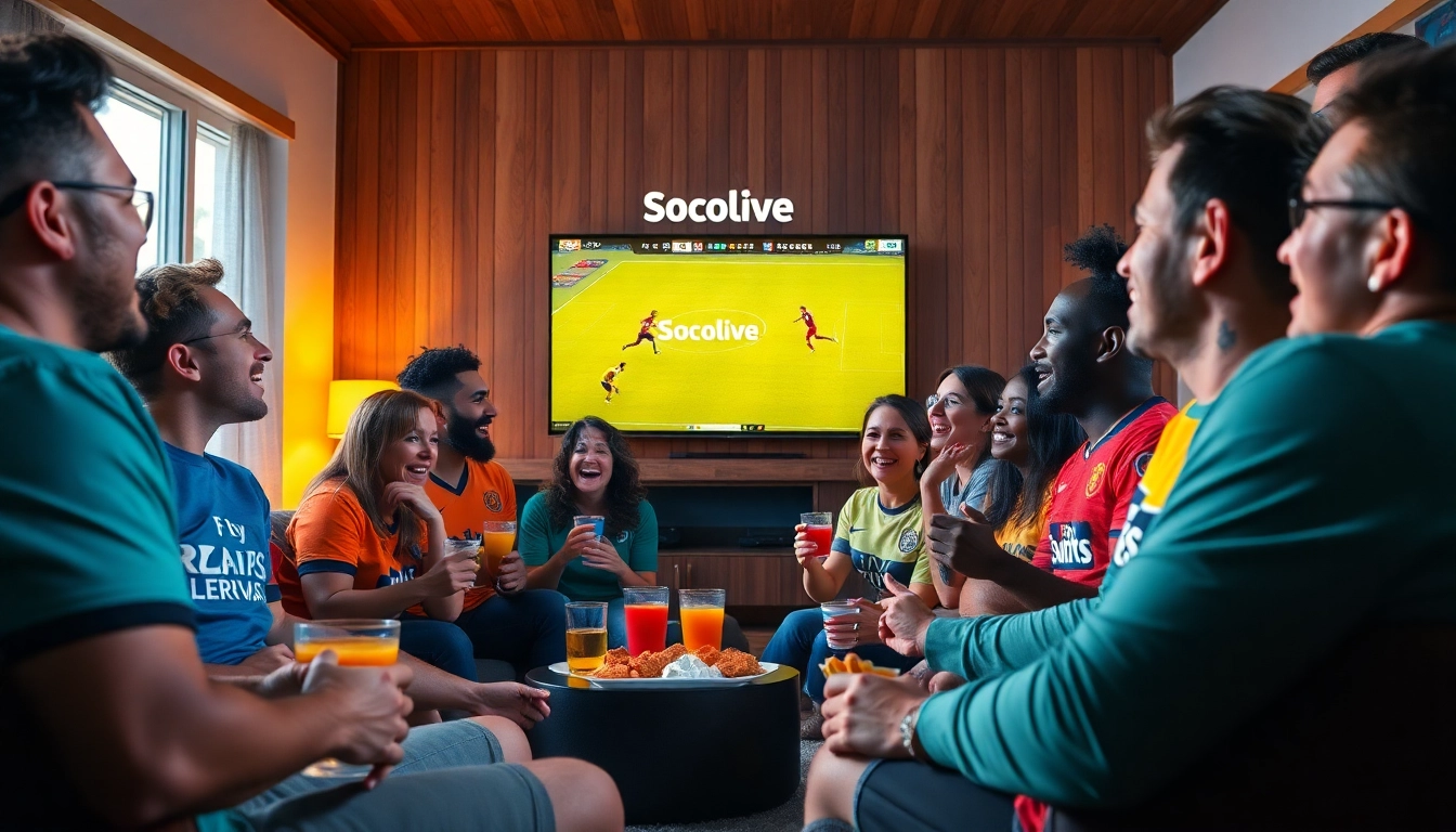 Socolive fans joyfully watching a live football match in a cozy setting, showcasing excitement and camaraderie.