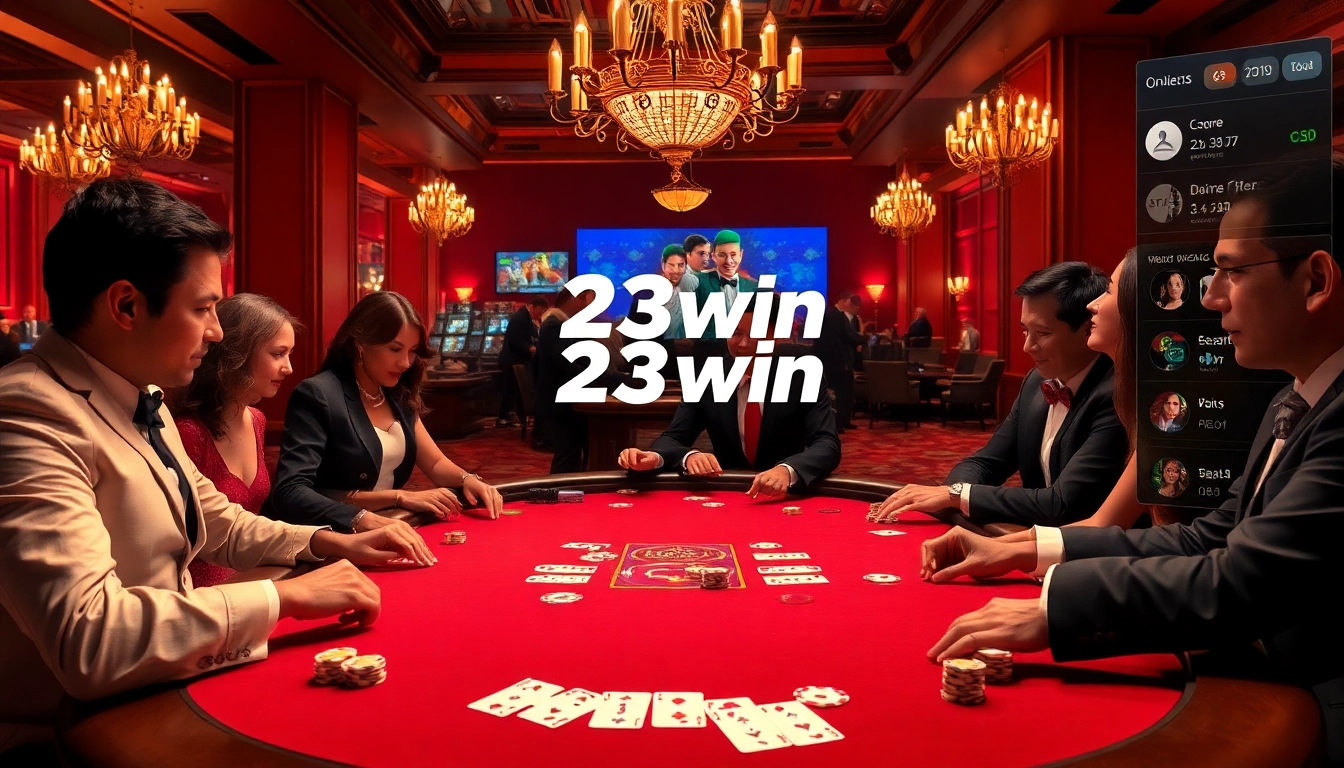 Players enjoying a high-stakes poker game with 23win chips and cards in a luxurious casino setting.