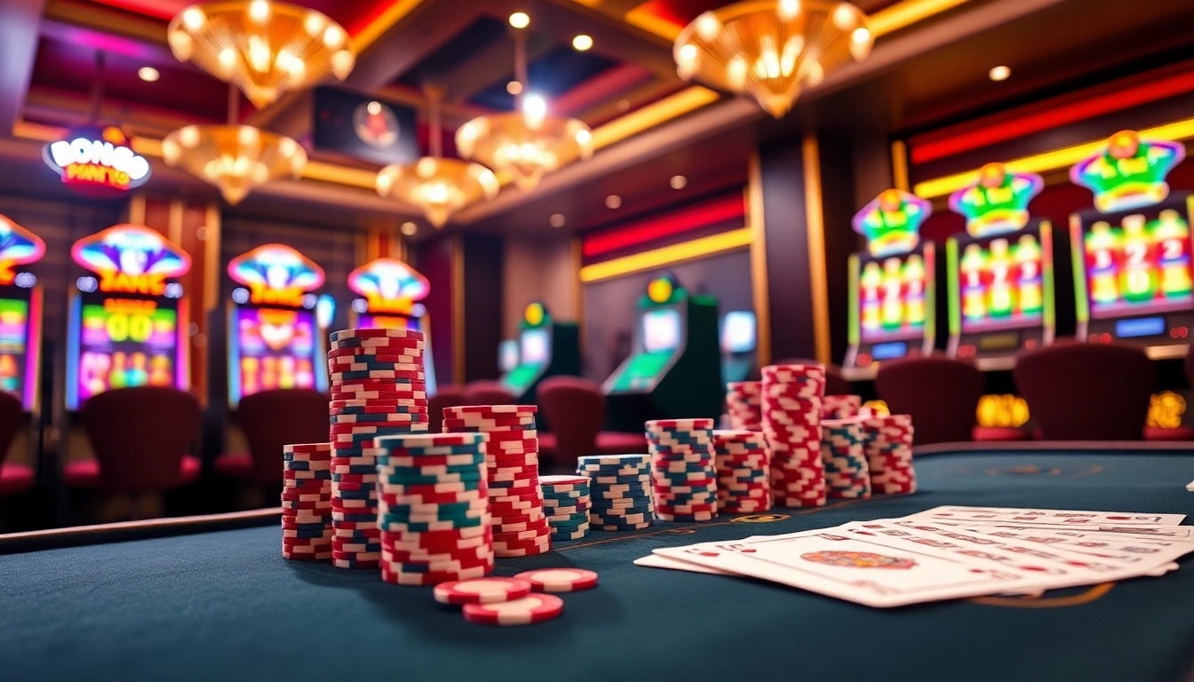 Bong99 betting scene with casino chips and glowing slot machines for an exciting gaming experience.
