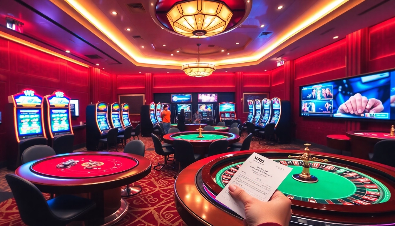 WW88 gaming area featuring vibrant poker tables and slot machines in a luxurious casino setting.