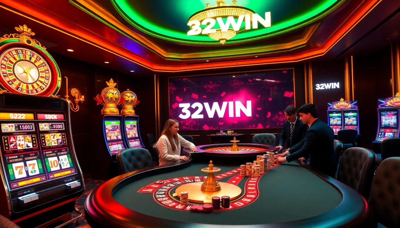 Players enjoying a thrilling game of poker at 32WIN casino, surrounded by slot machines and vibrant lights.