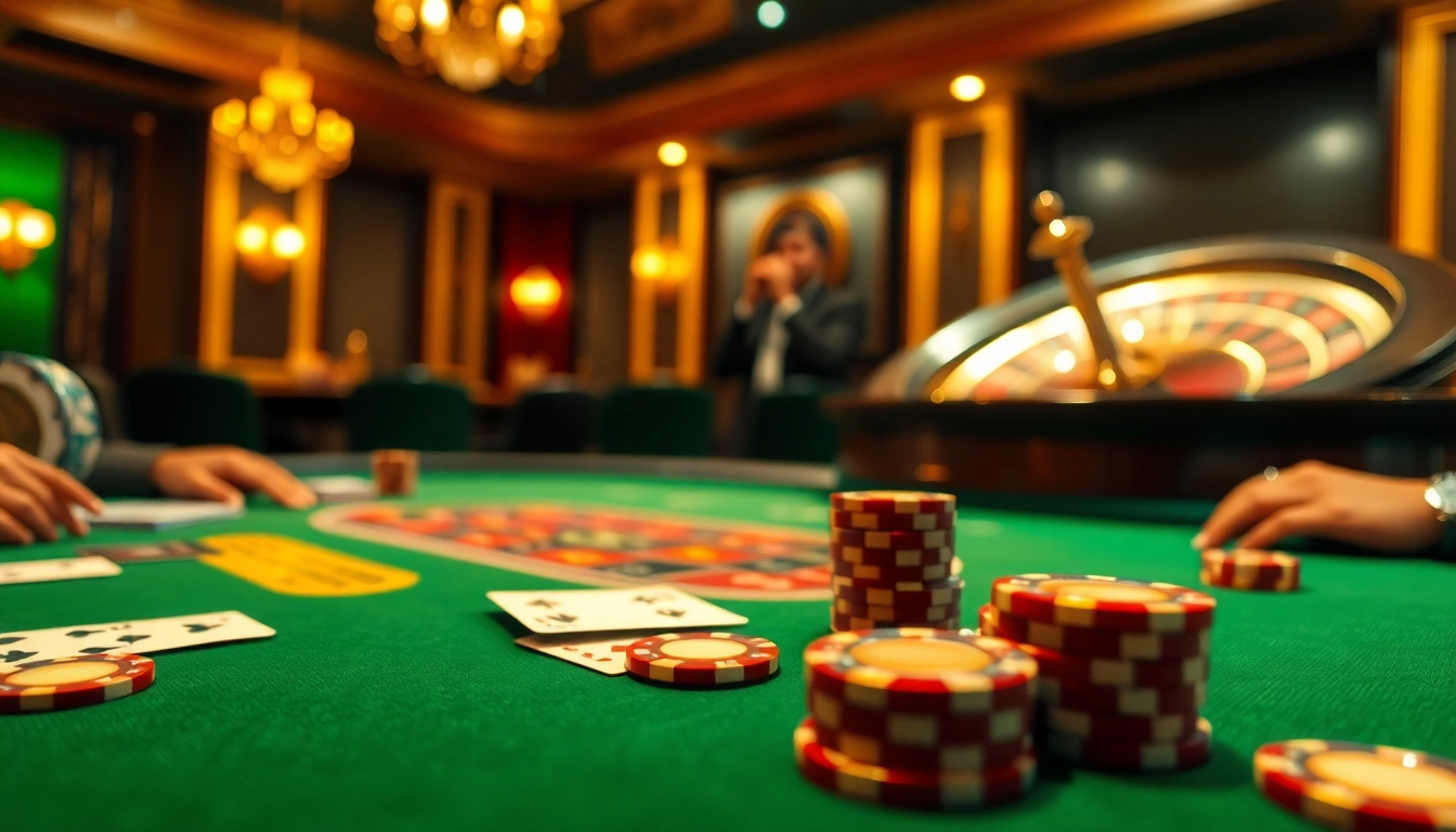 Experience thrilling high-stakes poker at nohu90 atop a luxurious casino table, chips and cards galore.
