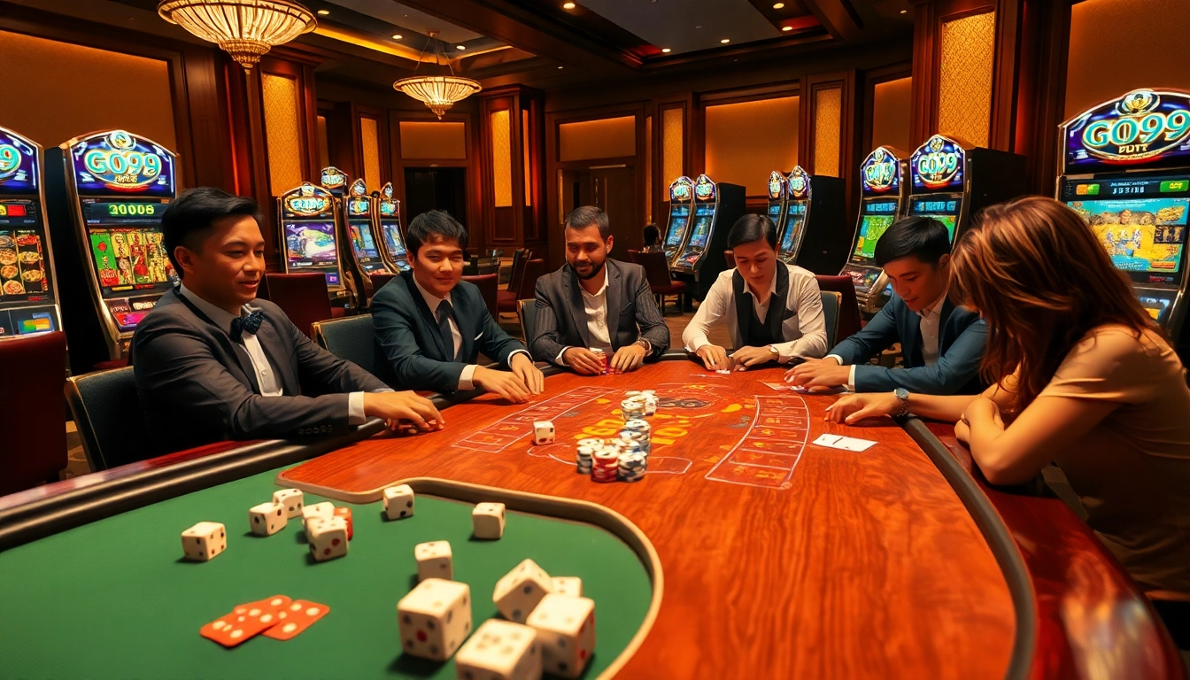 Players engage in an exciting casino game at GO99, featuring poker tables and slot machines.