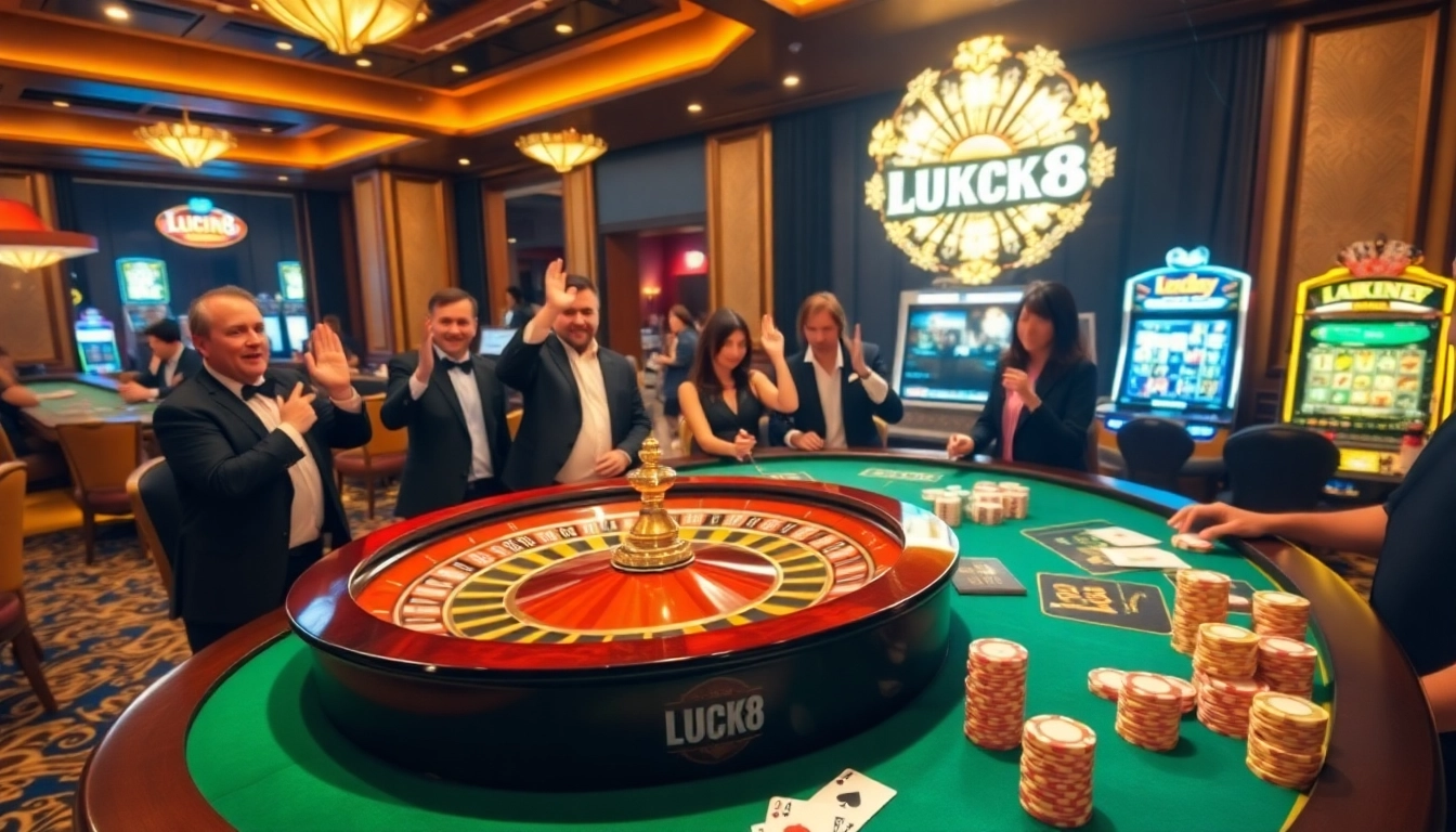 LUCK8 casino scene with roulette, poker, and vibrant chips creating an exciting gambling atmosphere.