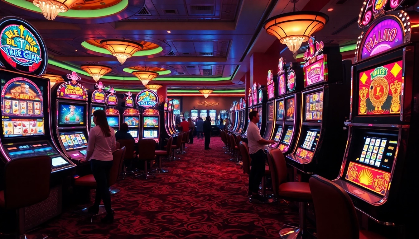 Players enjoying the thrill of idnslot machines in a glamorous casino atmosphere.