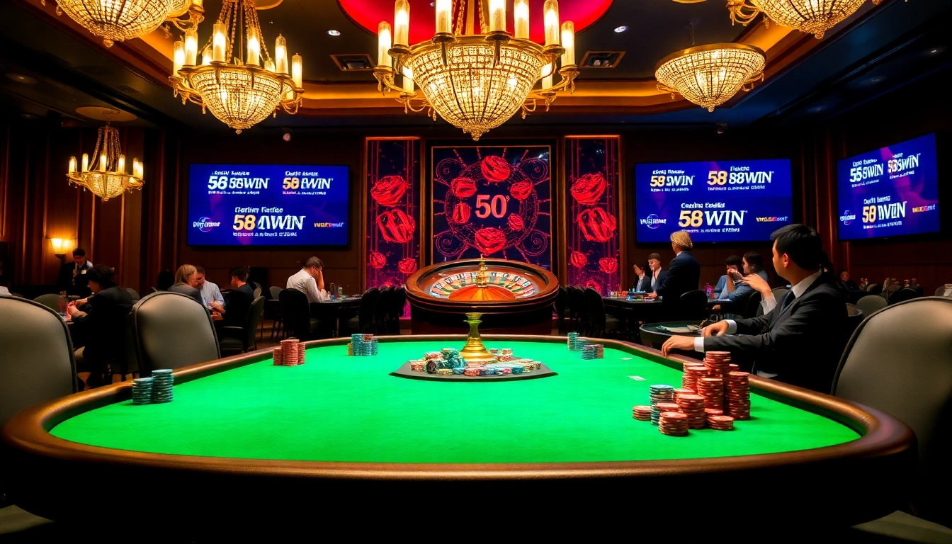Experience the thrill of 58win vip poker tables with vibrant chips and a luxurious casino atmosphere.