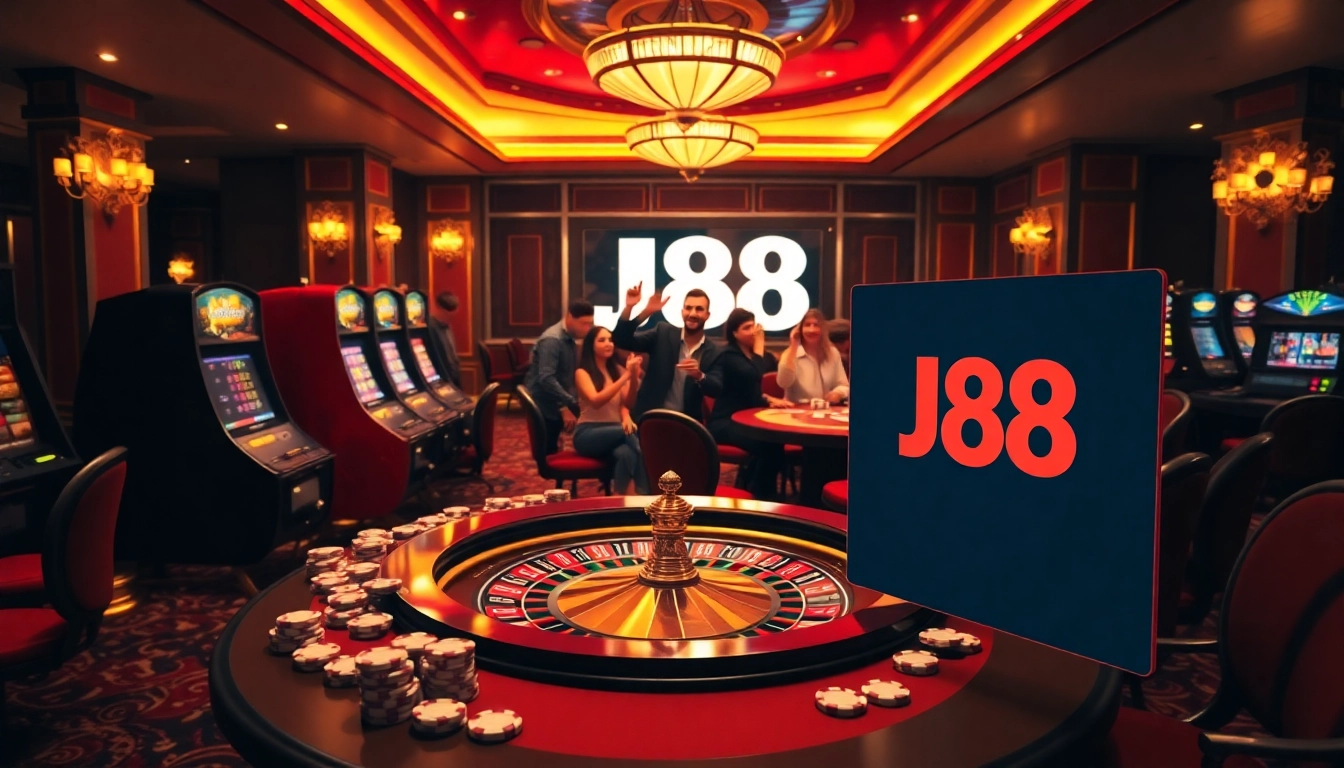 Bet on J88 at a luxurious casino with poker tables and vibrant slot machines.