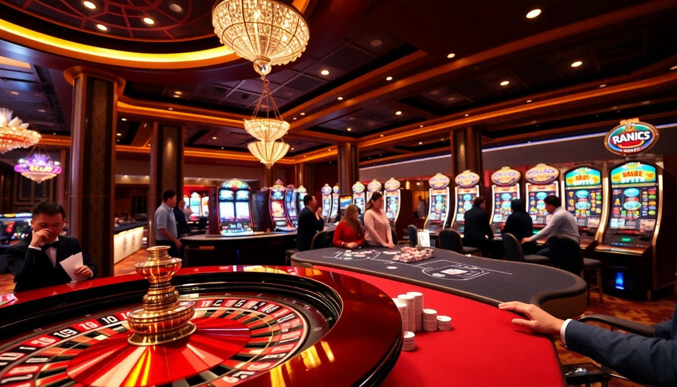 Exciting players engaging with RR88 casino games at poker tables and vibrant slot machines.